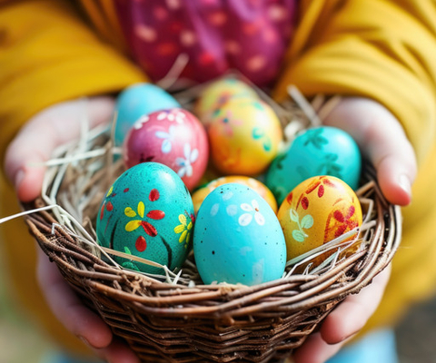En person som håller en korg fylld med målade ägg.