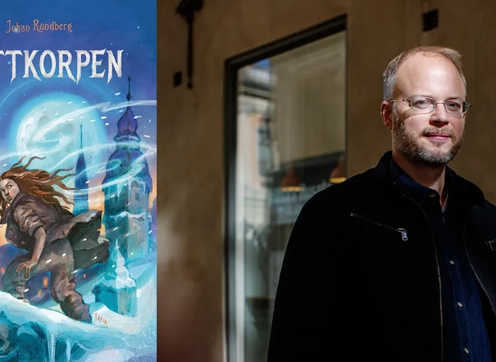 Ett bokomslag samt en man framför ett hus