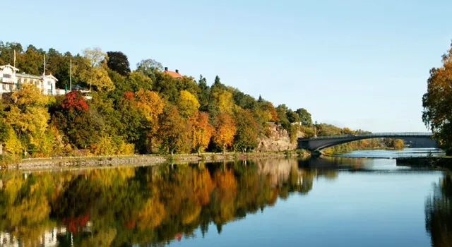 Utsikt över Göta älv och Albert Kök, Hotell och konferens omgivet av träd under hösten.