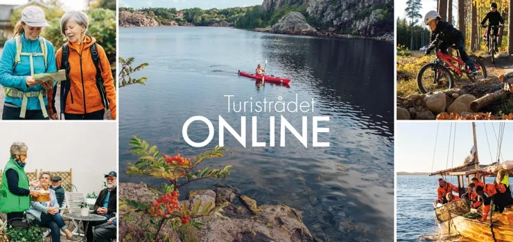 Ett fotocollage med människor på en båt, en man på cykel, en kvinna på en båt och en man.