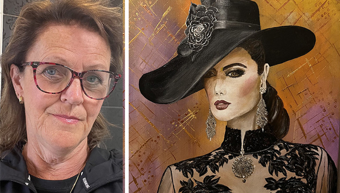 Bild på Kitty Sörman och målning av dam i hatt