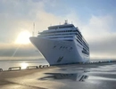 Ett stort kryssningsfartyg dockat vid en pir.