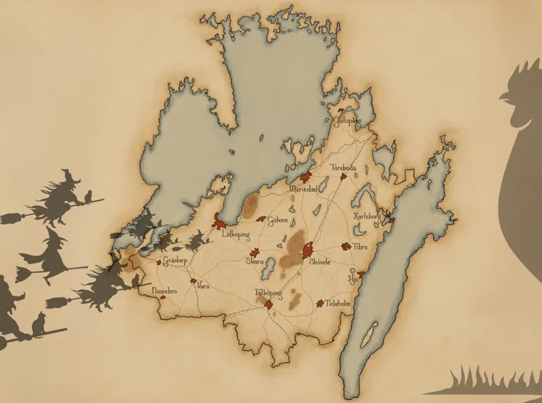 En illustrerad bild över Skaraborg med en höna och påskkärringar som flyger över kartan