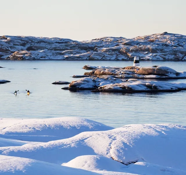 Ett vattendrag omgiven av snötäckta kullar.