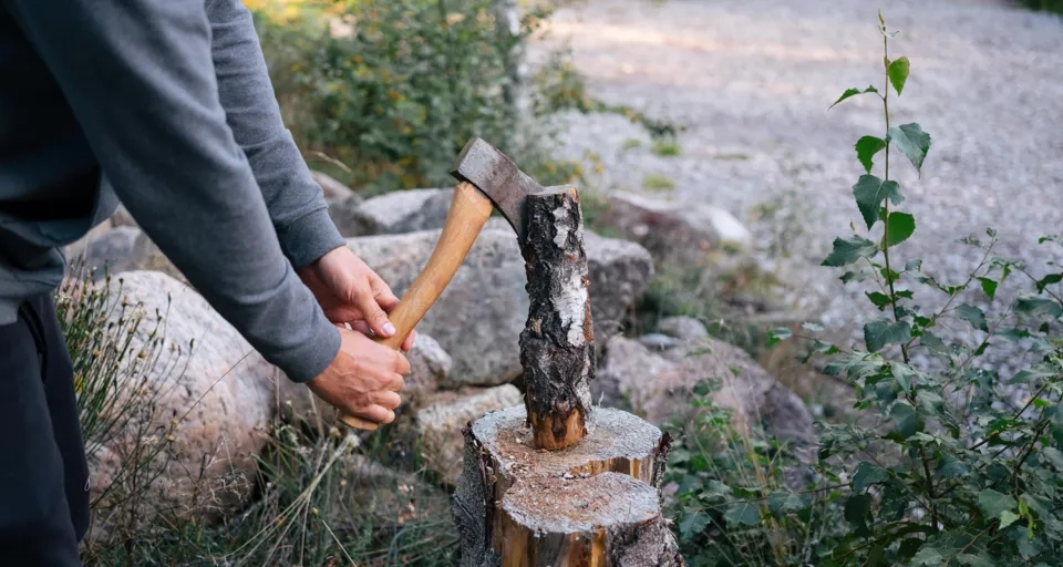 Ein Mann, der einen Baum mit einer Axt fällt.