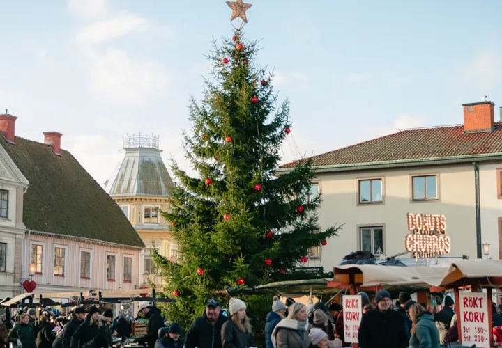 En folkmassa som står runt en julgran.