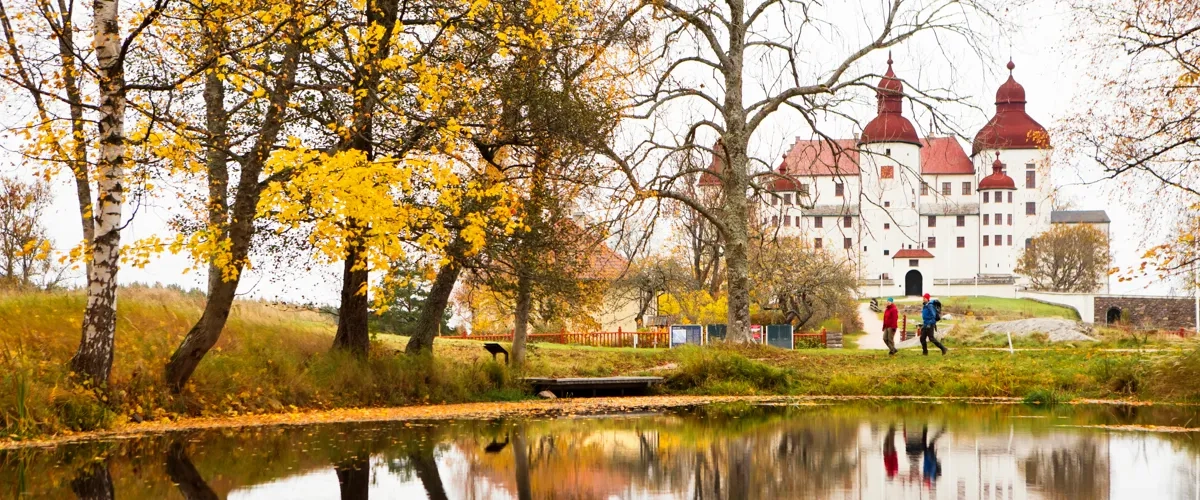 A large white castle sitting next to a lake.