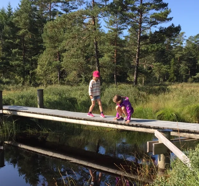 Två barn på en bro över ån vid vandringsleden vid Lidasjön