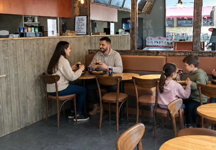 En grupp människor som sitter vid ett bord på en restaurang.