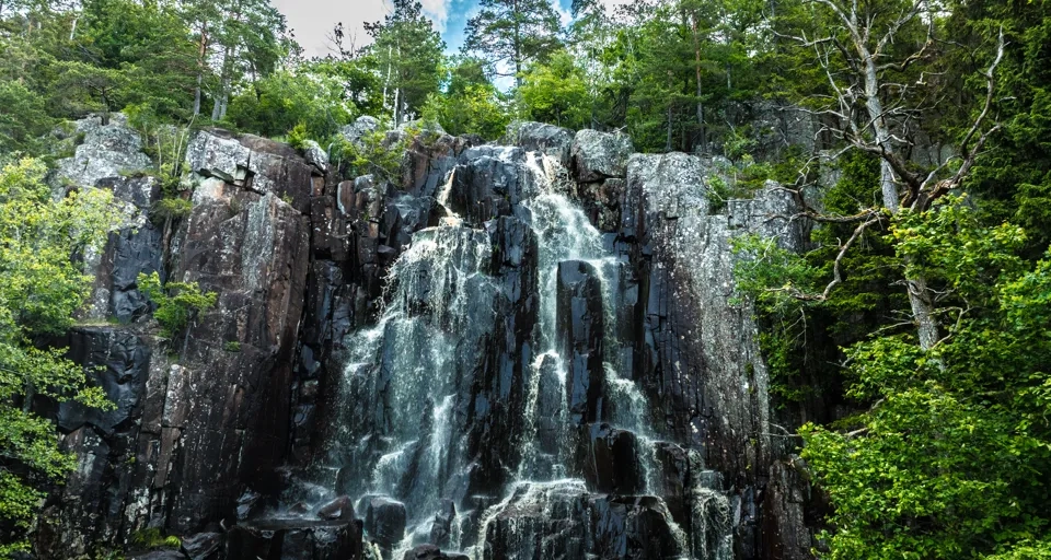 A large waterfall in the middle of a forest.