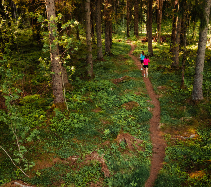 Två personer som springer längs en stig i skogen.