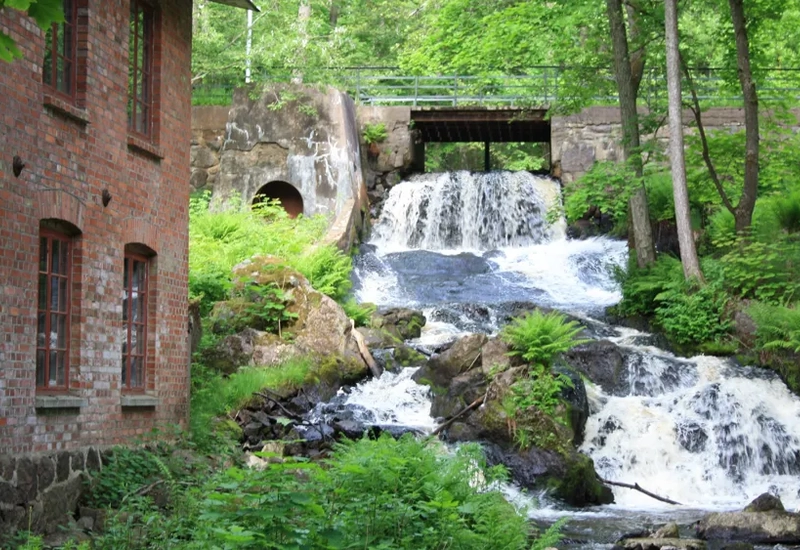 A small waterfall running through a lush green forest.