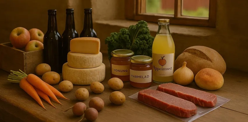 Ett träbord med massor av mat på.