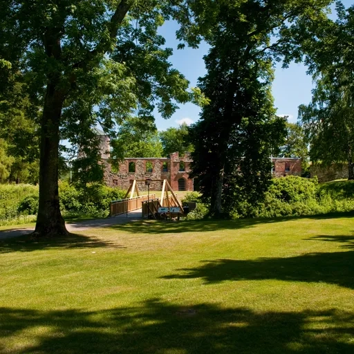 Ett gräsbevuxet område med träd och en byggnad i bakgrunden.