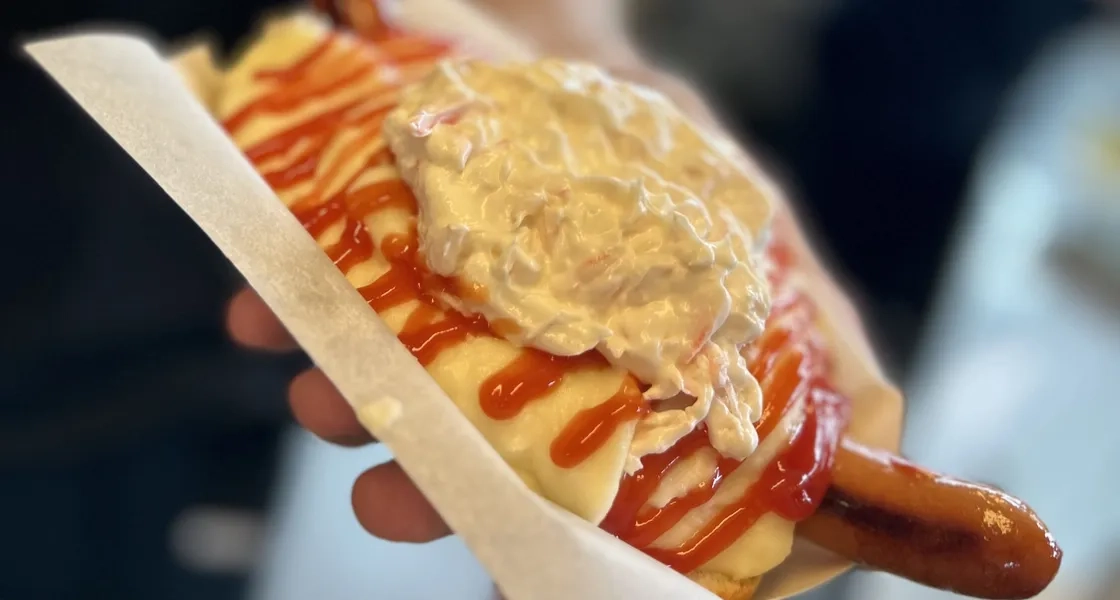 En person som håller i en varmkorv med senap och ketchup.