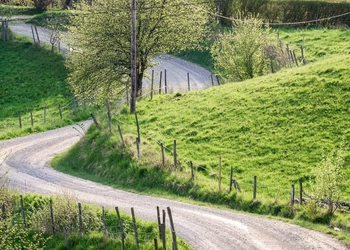 En bild på en slingrig grusväg genom ett grönt landskap med träd och staket.