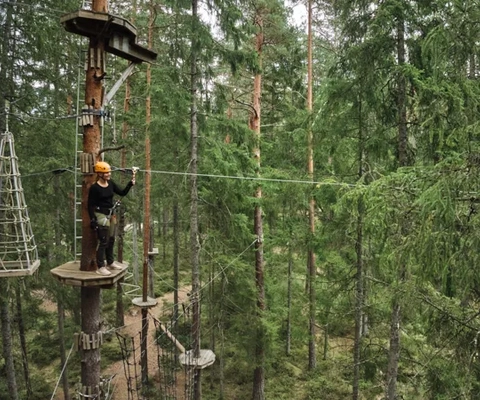 En person på en repbana i en skog.