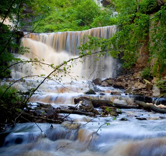 Ett vattenfall med vatten som rinner ner omgivet av träd.