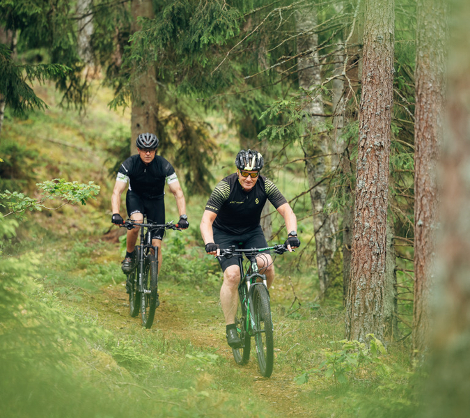 Människor som cyklar i ett naturområde.