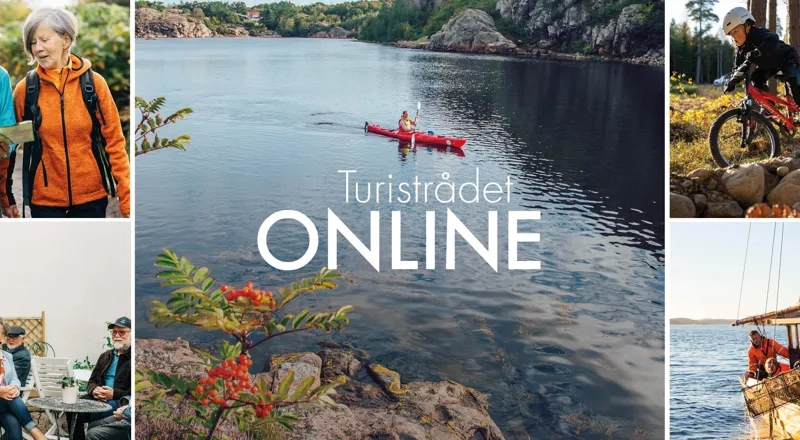 Ett fotocollage med människor på en båt, en man på cykel, en kvinna på en båt och en man.