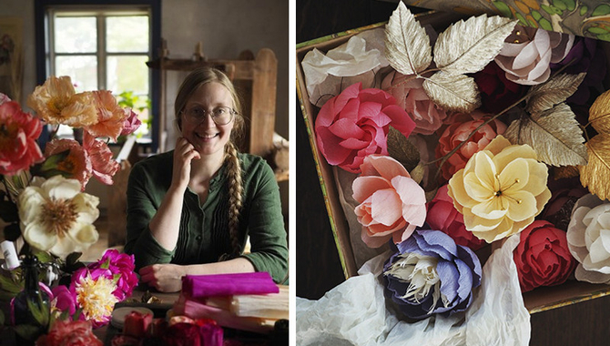 Karin Edlund och papperblommor i olika färger