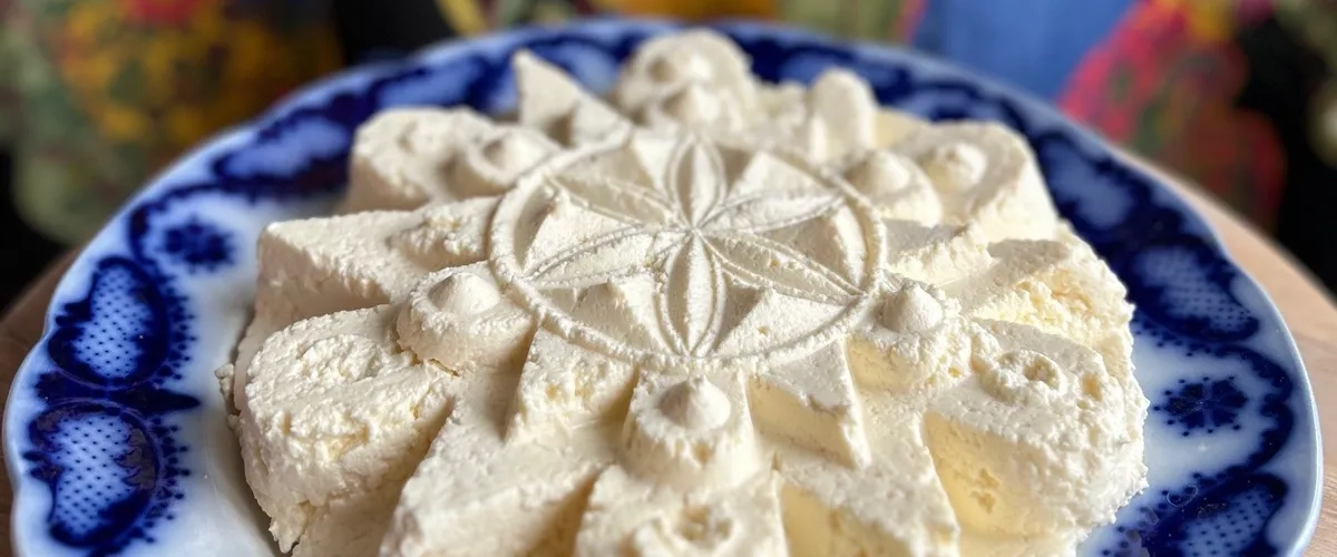 En Äggost upplagd på ett blåvitt fat