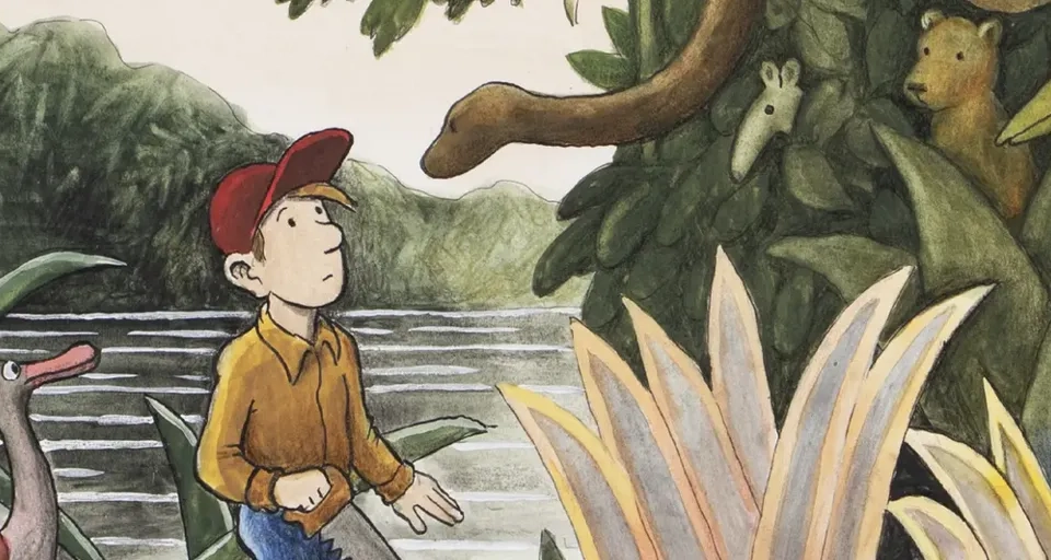 En målning av en pojke som står framför en damm.