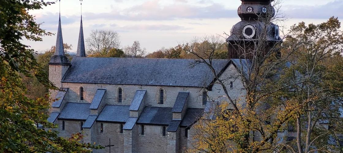 Varnhems klosterkyrka omgärdad av träd i höstfärger.