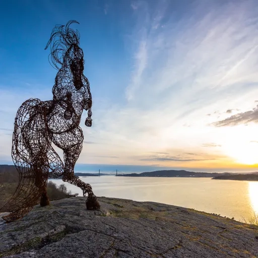 Häst på ett berg med utsikt mot Uddevalla bron