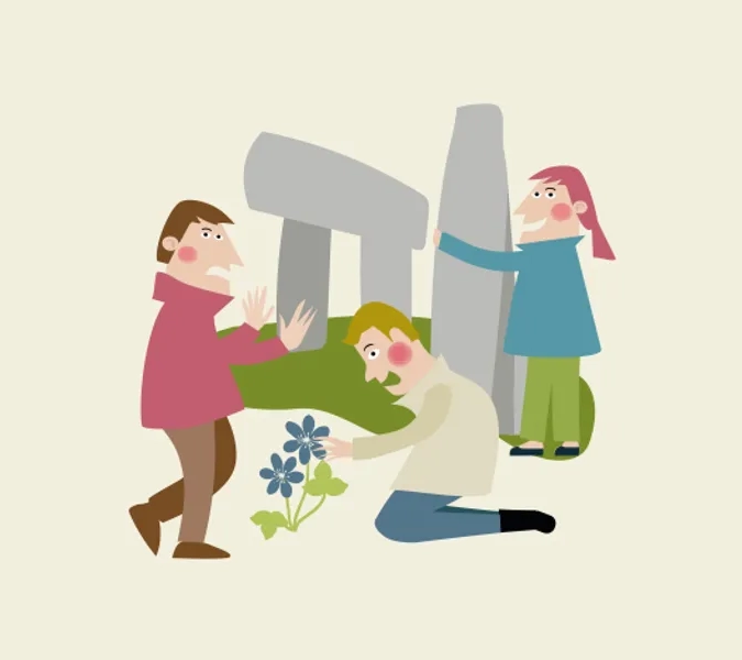 Tre illustrerade personer kikar på blommor och megalitgravar