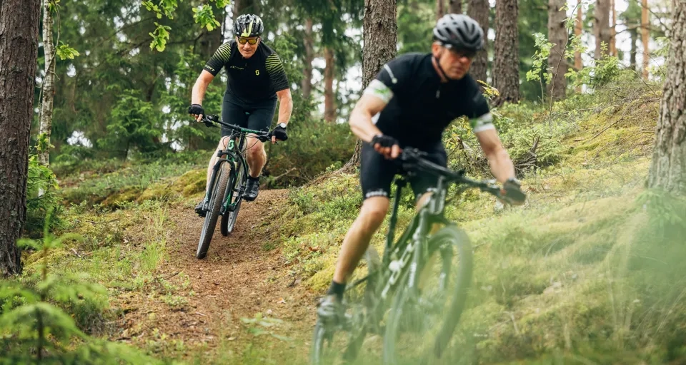Människor som cyklar i ett naturområde.