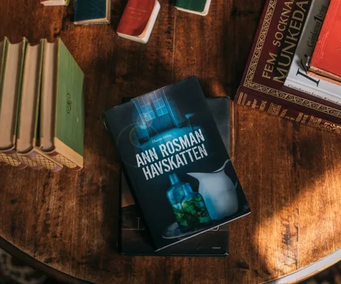 Böcker i en bokhylla.