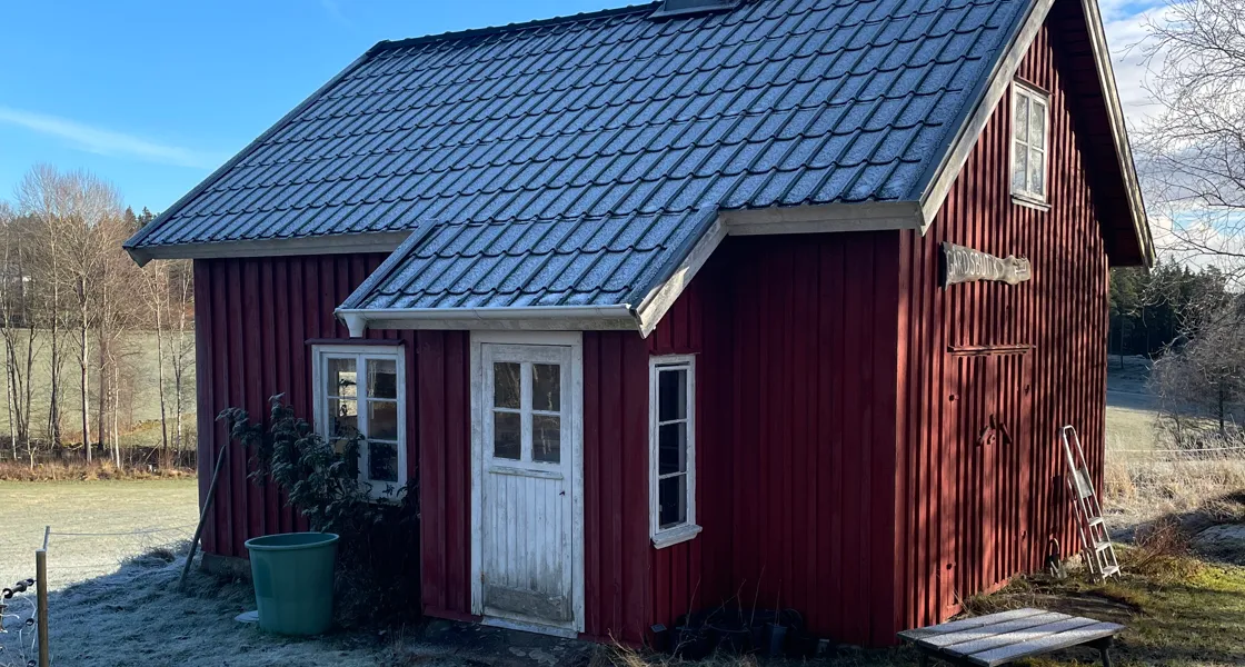 En röd stuga med vit dörr och vita fönster. På frostigt gräs en dag med klarblå himmel.