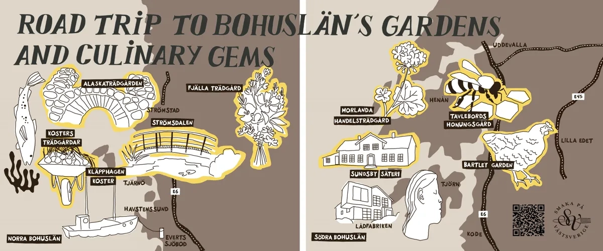 A map of the road trip to boholian's gardens and culinary gems.