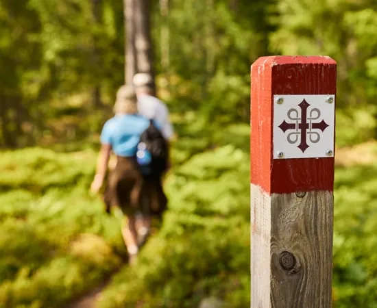 Två personer som vandrar på pilgrimsled genom skogen.