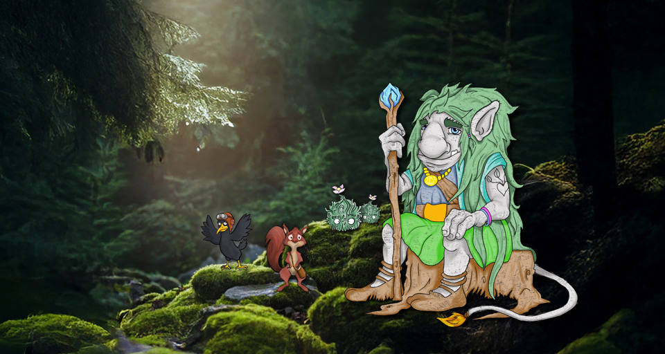 A cartoon character sitting on top of a tree stump.