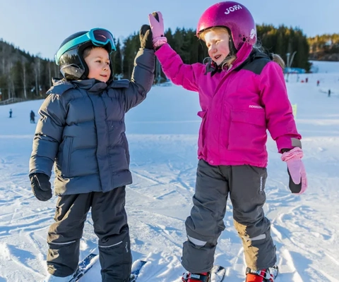 Några barn som står på toppen av en snötäckt sluttning.