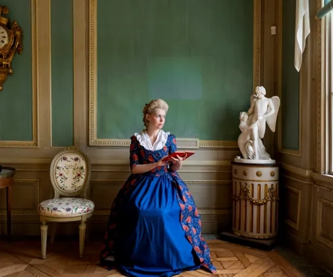 En kvinna i blå klänning sitter i ett rum.