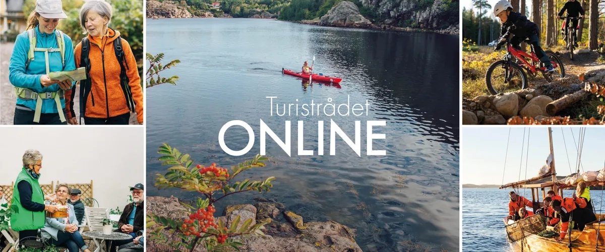 Ett fotocollage med människor på en båt, en man på cykel, en kvinna på en båt och en man.