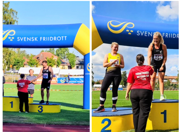 Daniel och Elin från Tanums IF tar emot medaljer på Veteran SM