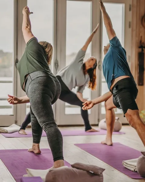 En gruppe mennesker som gjør yoga i et rom.