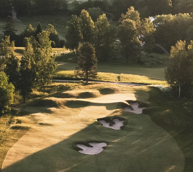 En flygbild av en golfbana omgiven av träd.