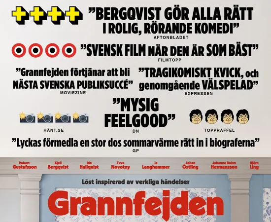biofilmaffisch där 4 personer sitter vid ett kräftkalasbord.