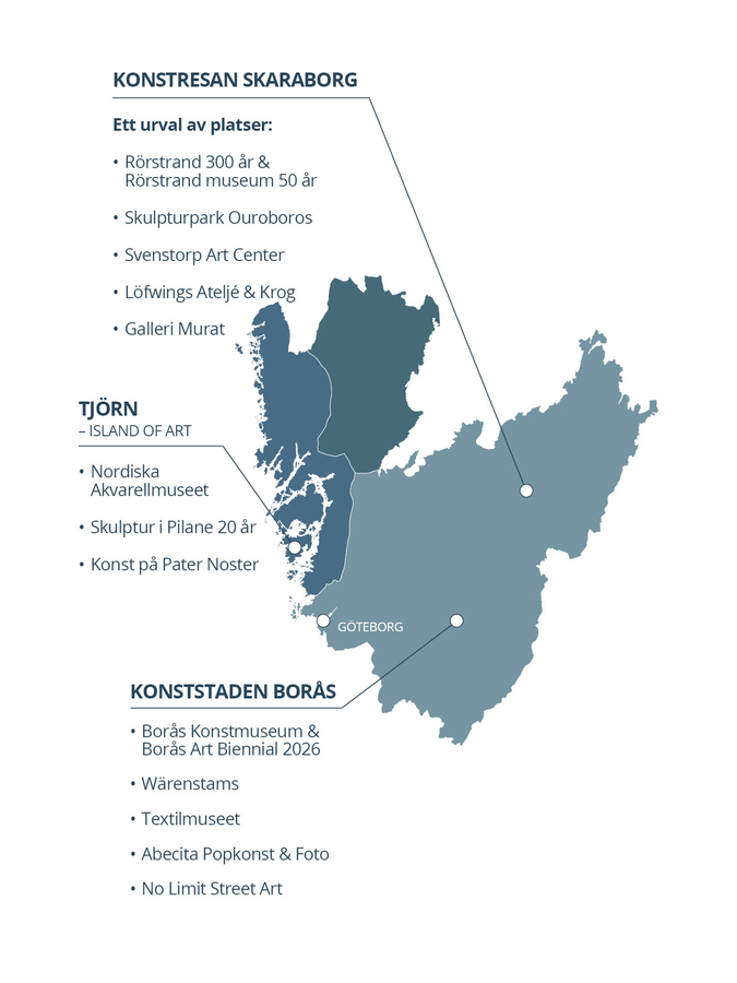 Karta över besöksmål med Konst och arkitektur i Västsverige 2026