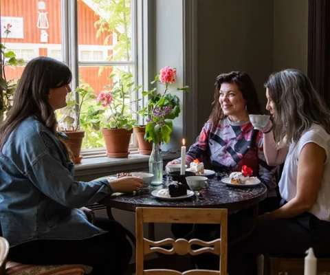 Falkängens hantverksby med historiska byggnader och grönskande omgivningar.