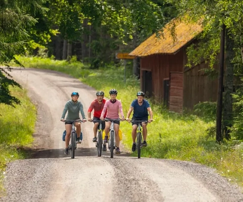 Cyklister på grusvägar i skogen.
