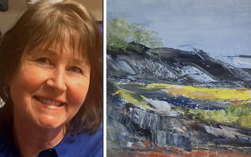 Bild på Marianne Magnusson och akryltavla