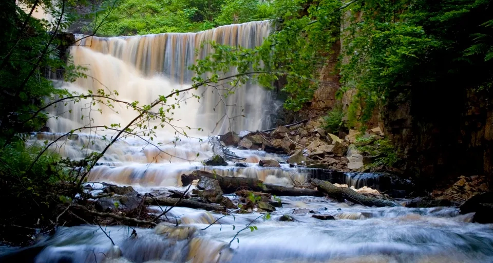 Ett vattenfall med vatten som rinner ner omgivet av träd.