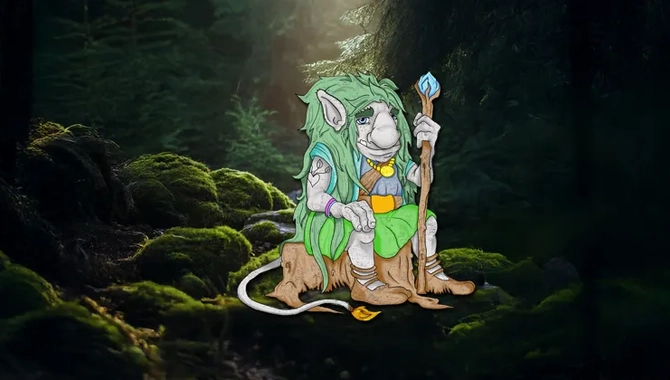 Ett tecknat Billingetroll som sitter på en stubbe i en sagoliknande skog med mossklädda stenar.
