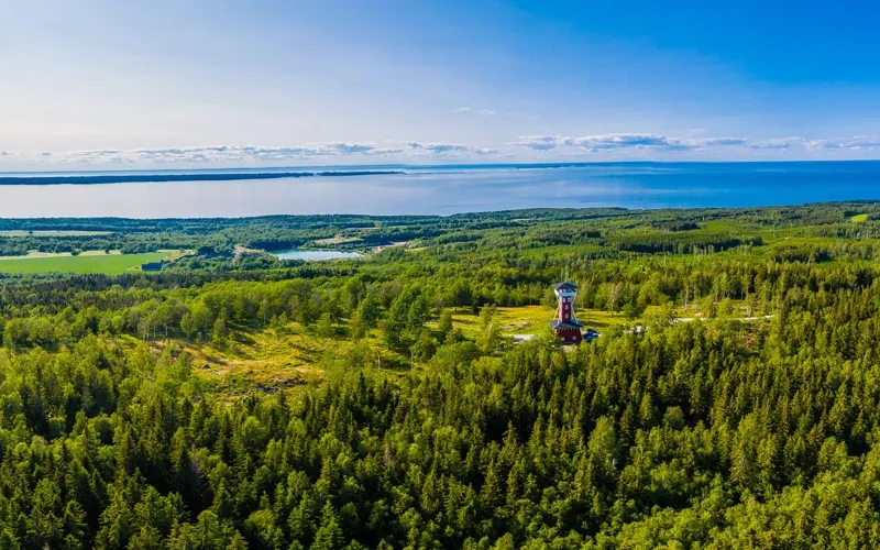 Flygbild över ett grönskande Kinnekulle med Vänern i bakgrunden. Man kan även skymta Kinnekulle utsiktstorn.